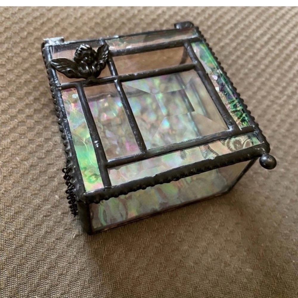 Glass Trinket Box w/Angel. Approx 3” Square Keepsake Box